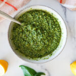 A bowl full of homemade pesto.
