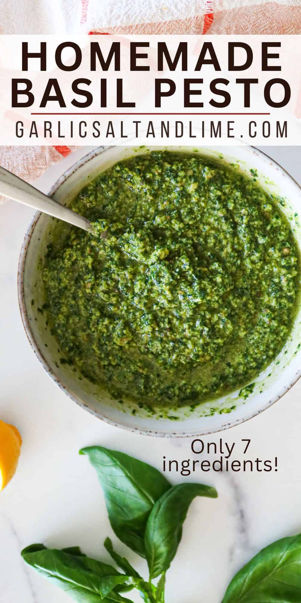 Homemade basil pesto with text overlay for Pinterest.