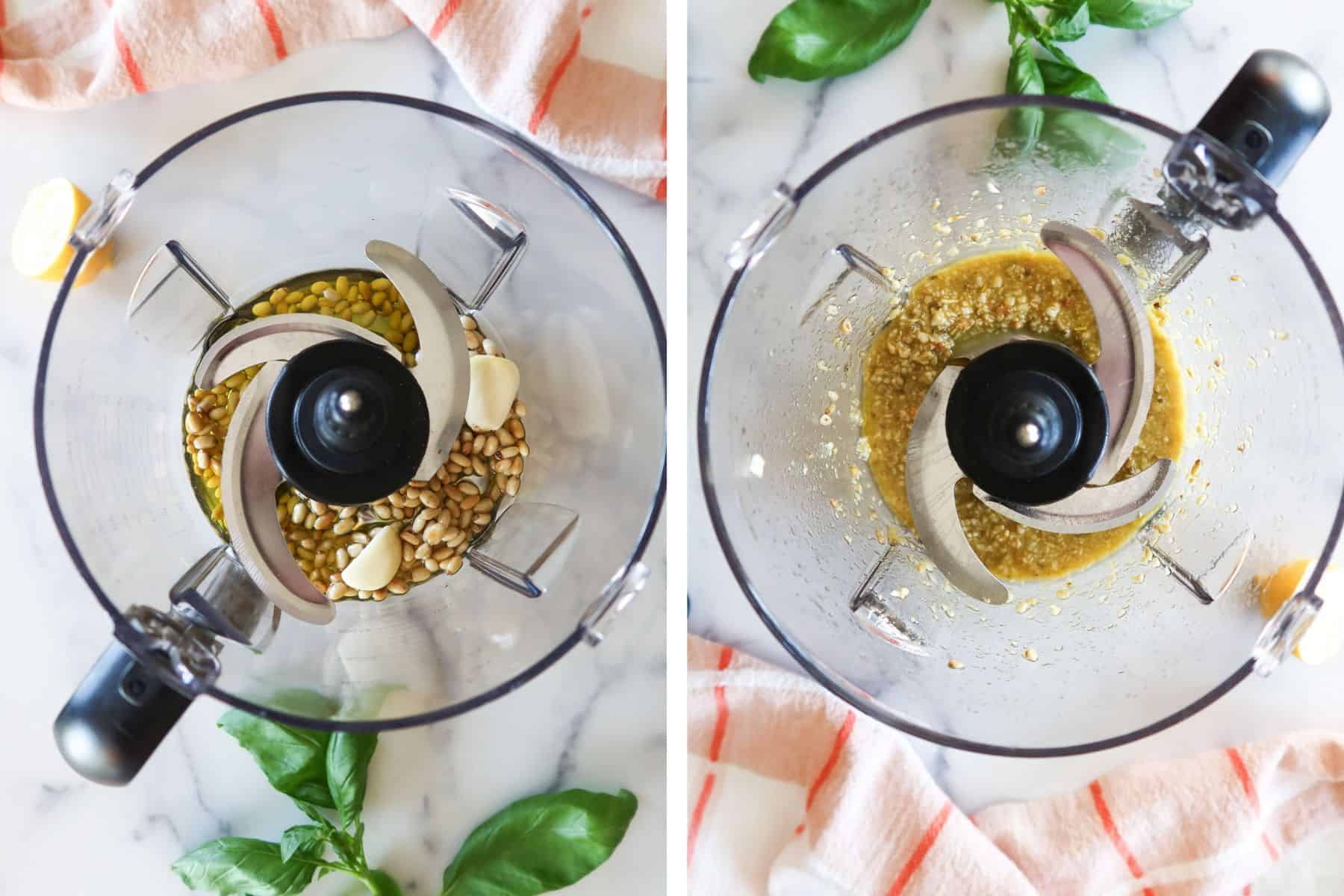 Grinding pine nuts, garlic and olive oil in a food processor.