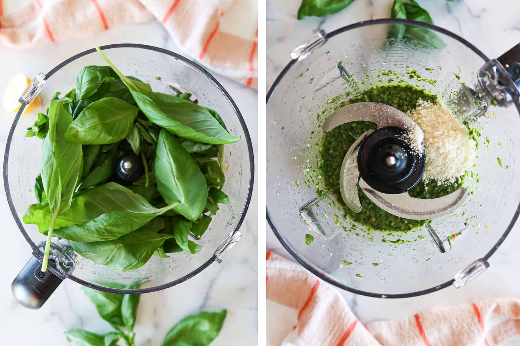 Grinding basil and cheese into nut mixture.