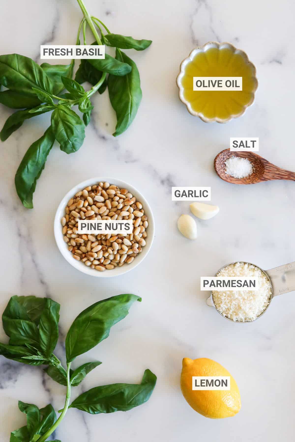 Basil pesto ingredients with text overlay labels.