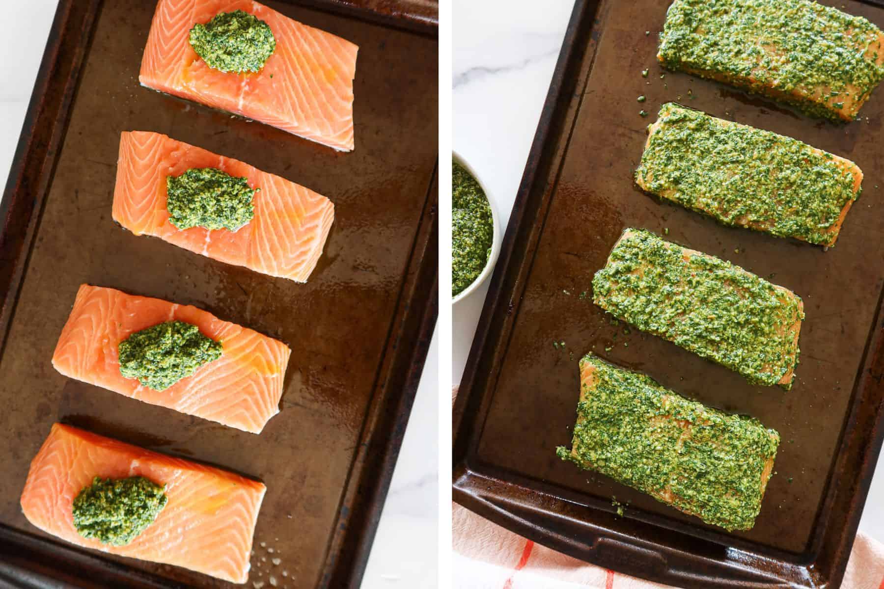 Spreading pesto on salmon fillets.