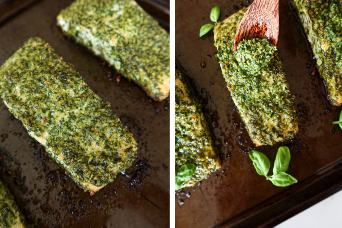 Spooning a bit more pesto on salmon after it bakes.