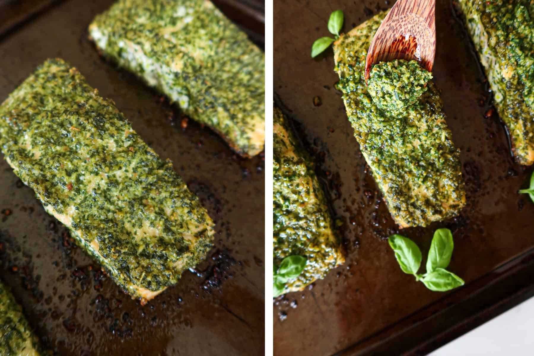 Spooning a bit more pesto on salmon after it bakes.