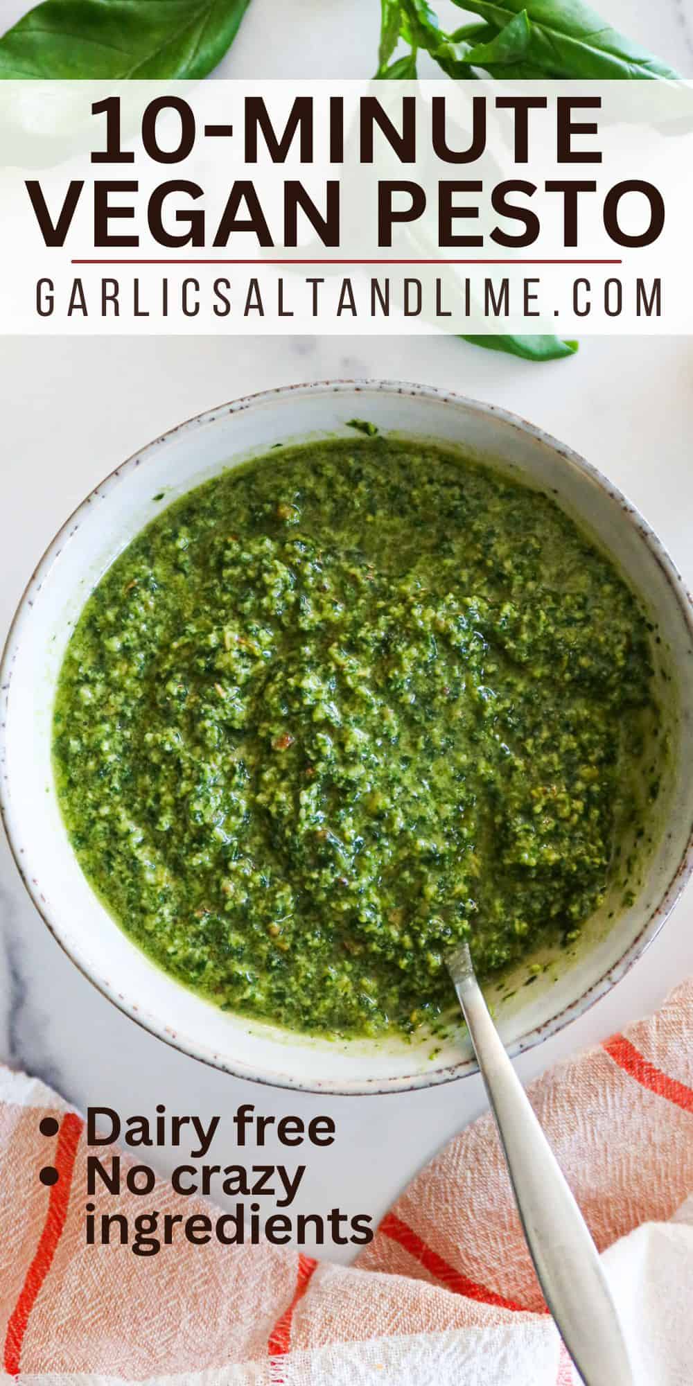 Vegan pesto with text overlay for Pinterest.
