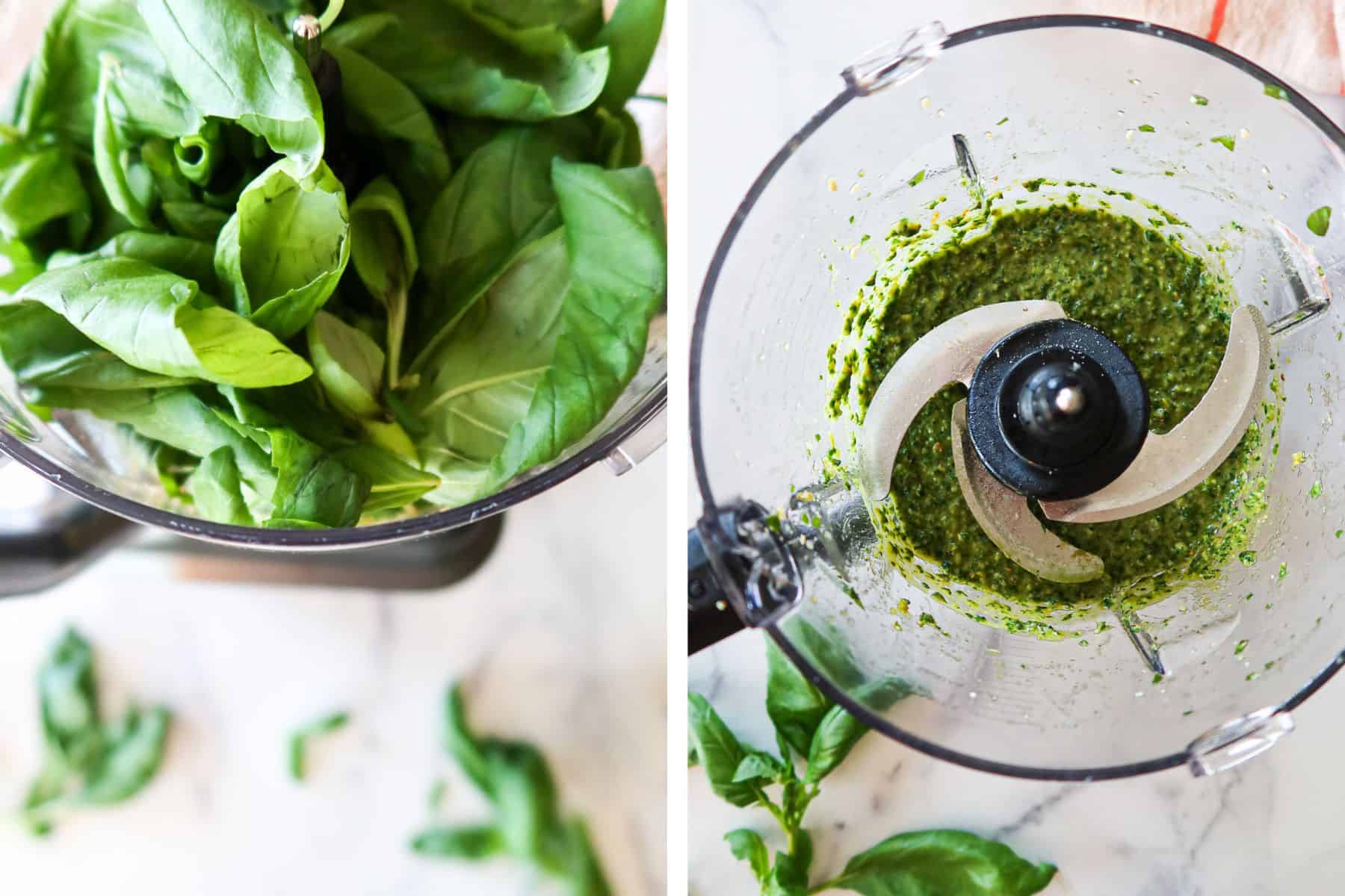 Grinding basil into pesto.