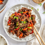 Teriyaki ground beef stir fry over rice.