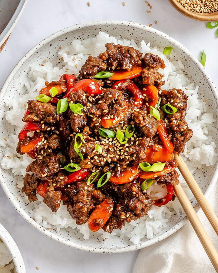 Teriyaki ground beef stir fry over rice.