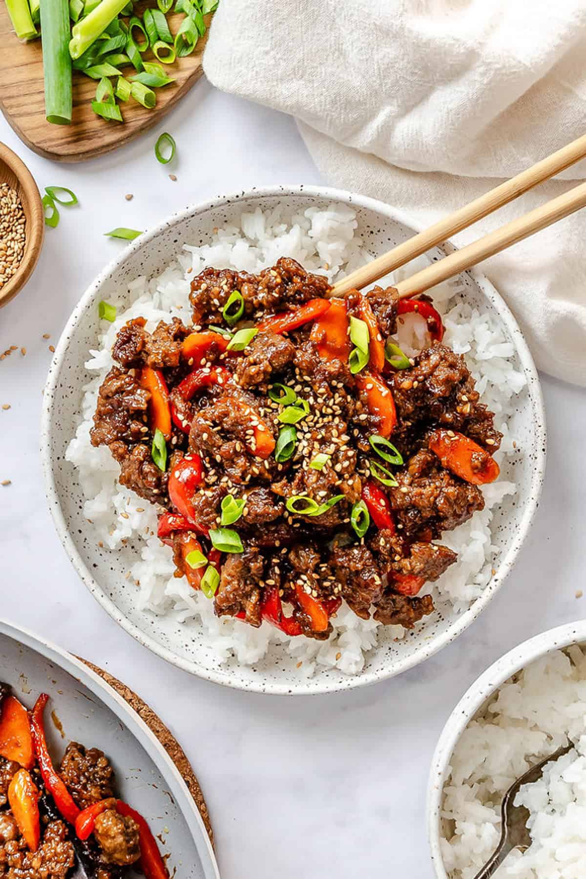 Teriyaki ground beef stir fry over rice.