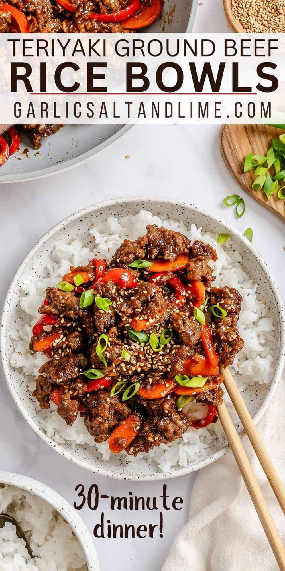 Teriyaki ground beef stir fry with text overlay for Pinterest.