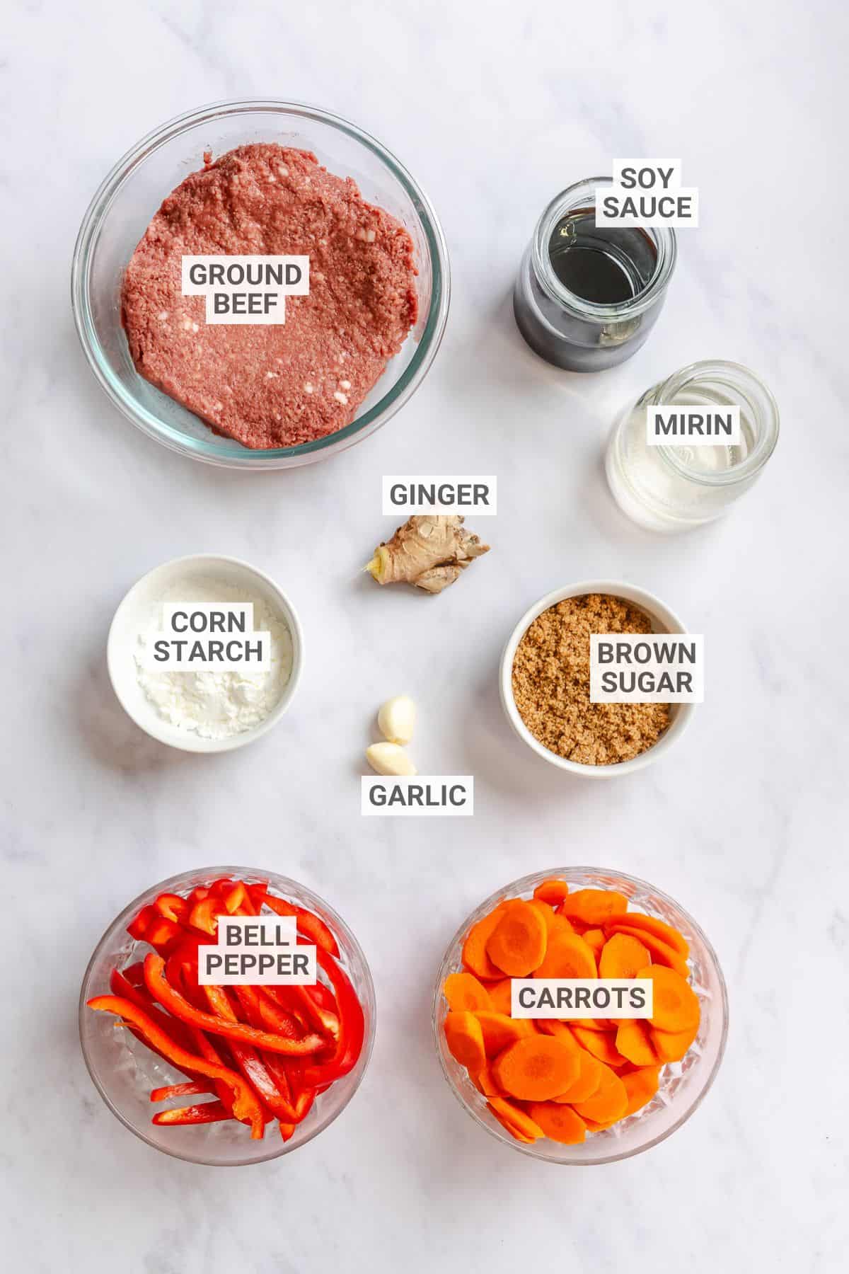 Teriyaki ground beef ingredients with text overlay labels.